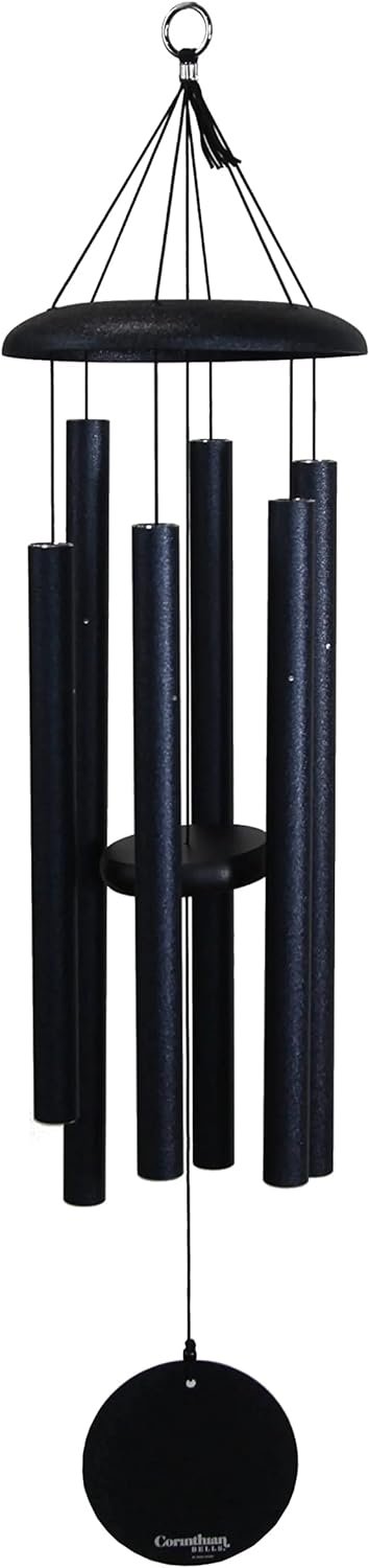 36-inch Corinthian Bell wind chime in midnight blue color with six metal tubes and a circular wind catcher, hanging from a rounded top.