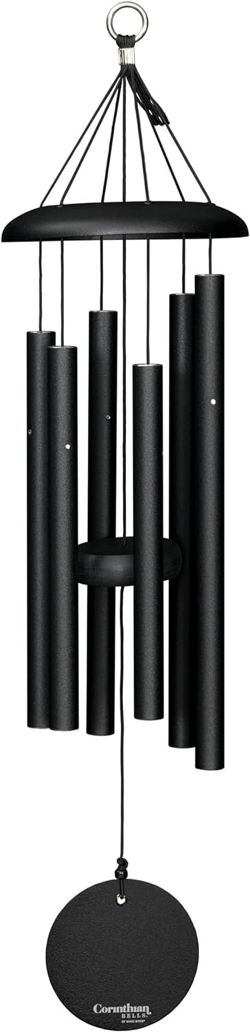 Black Corinthian Bell wind chime with multiple cylindrical tubes hanging from a circular top, designed for outdoor use.