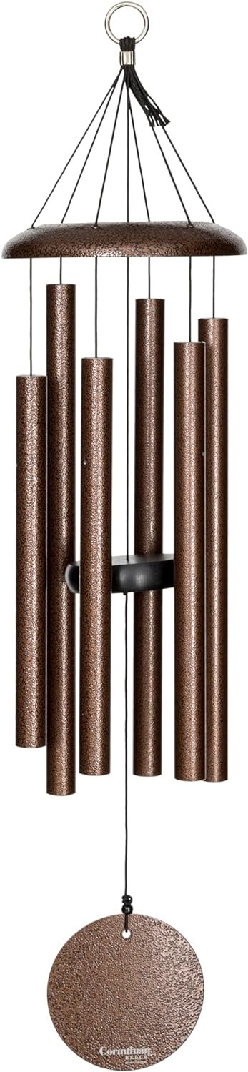 Copper vein Corinthian Bell wind chime with multiple cylindrical tubes hanging from a circular top, ideal for adding a melodic touch to gardens and patios.