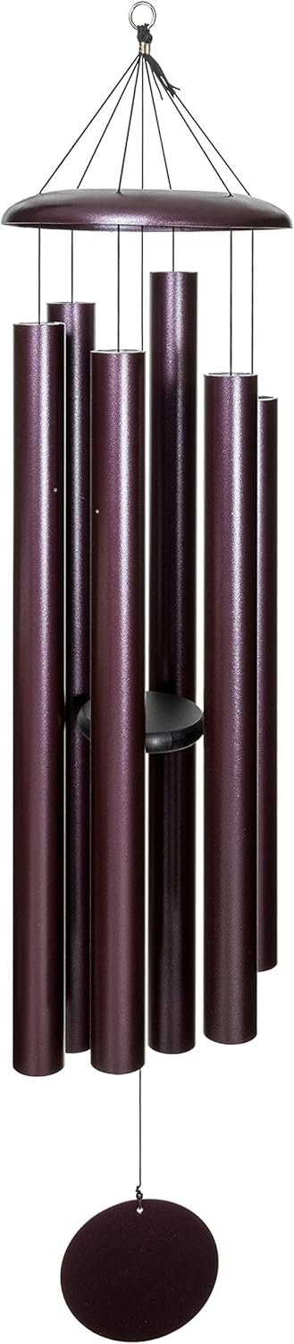 Corinthian Bell  65-inch wind chime in plum color featuring multiple long, slender metal tubes with a circular wind catcher, hanging from a cone-shaped top