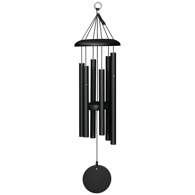 Sleek black Corinthian Bells wind chime featuring a modern design with a round black sail.