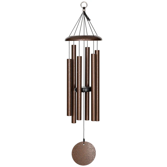 Warm brown Corinthian Bells wind chime with rich, earthy tones and a matching brown sail.