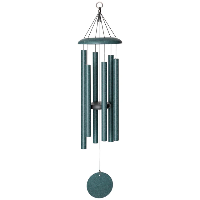 Elegant green Corinthian Bells wind chime showcasing a soothing forest green finish and a green sail.