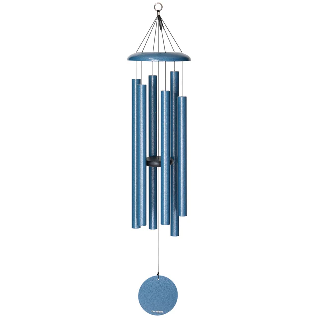 Cool blue Corinthian Bells wind chime with a serene ocean blue hue and a coordinating blue sail.