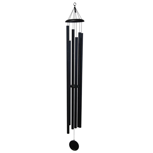 Tall and slender black Corinthian Bells wind chime, designed for a sleek look with a round black sail.