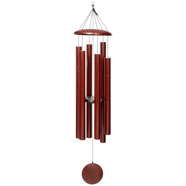 Rustic red Corinthian Bells wind chime, featuring a bold, classic red finish and a coordinating red sail.