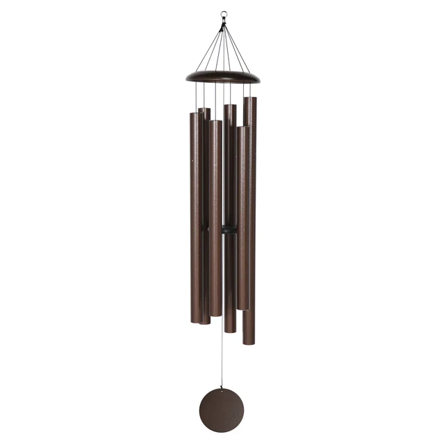 Stylish brown Corinthian Bells wind chime, offering a rich brown finish in a tall and slender design with a round brown sail.